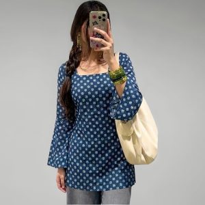 ANNI Designer Women’s Viscose Blend Printed Short Kurti | Straight Fit Casual Ethnic Top | Square Neck Full Sleeve Kurta Office College