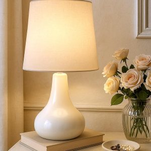 Homesake® Modern Small Ceramic Table Lamp, Warm Light Classic Bedside Desk Lamp for Living Room Bedroom Dining, Restaurant, Farmhouse Nightstand Study Lamps with Fabric Shade (White